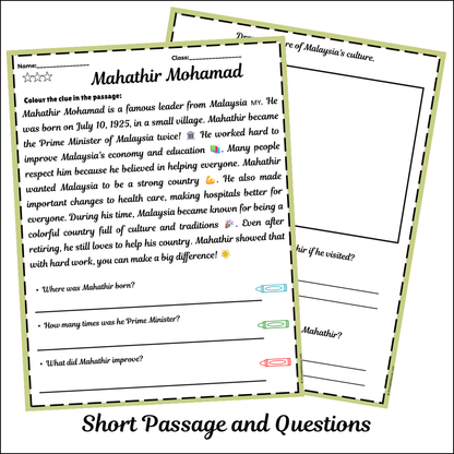 Mahathir Mohamad | Short Reading Comprehension Creative Worksheet