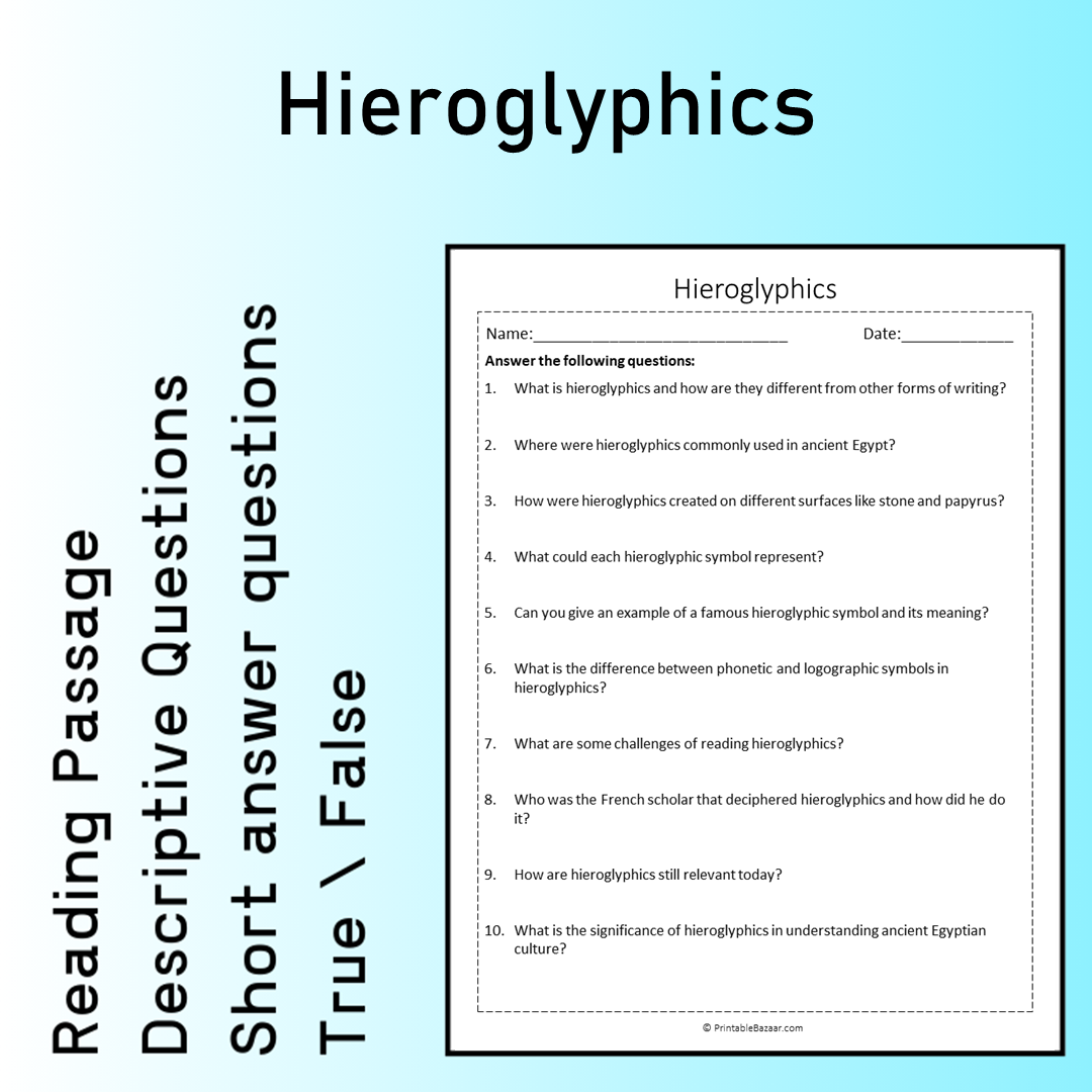 Hieroglyphics | Reading Comprehension Passage Printable Worksheet