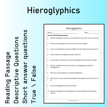Hieroglyphics | Reading Comprehension Passage Printable Worksheet