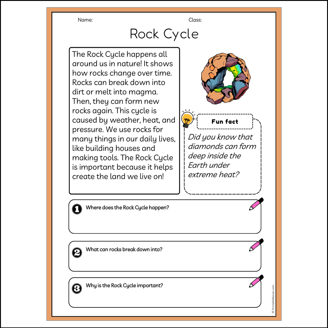 Rock Cycle | Reading Passage Comprehension Questions Writing Facts Worksheet