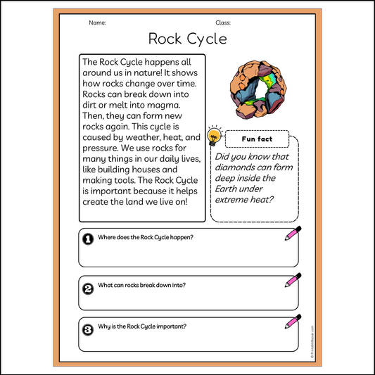 Rock Cycle | Reading Passage Comprehension Questions Writing Facts Worksheet