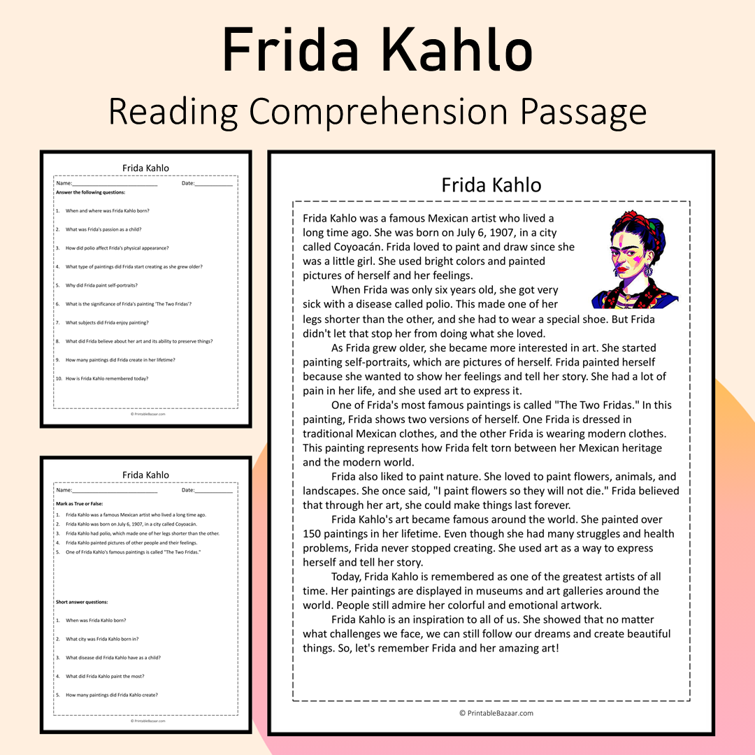 Frida Kahlo | Reading Comprehension Passage Printable Activity