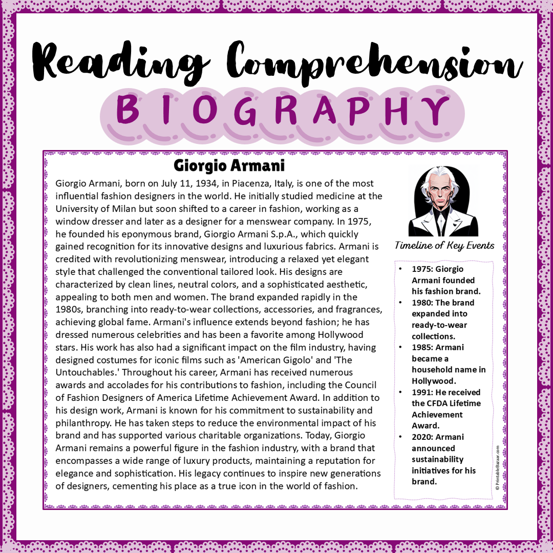 Giorgio Armani | Biography Reading Comprehension and Questions Worksheet