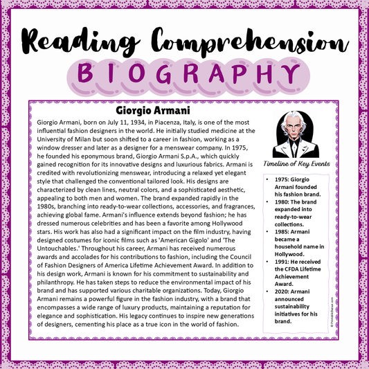 Giorgio Armani | Biography Reading Comprehension and Questions Worksheet