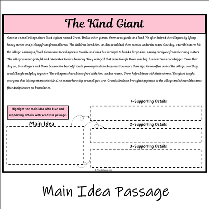 The Kind Giant | Main Idea and Supporting Details Reading Passage and Questions