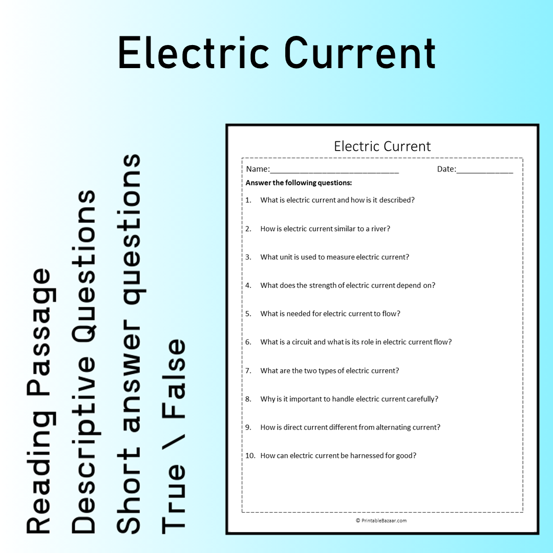 Electric Current | Reading Comprehension Passage Printable Worksheet