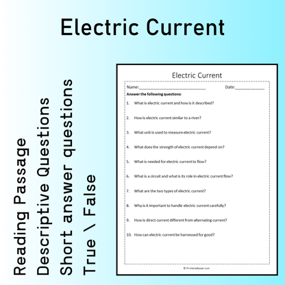 Electric Current | Reading Comprehension Passage Printable Worksheet