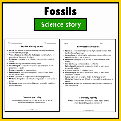 Fossils | Science Story Reading Comprehension Activity