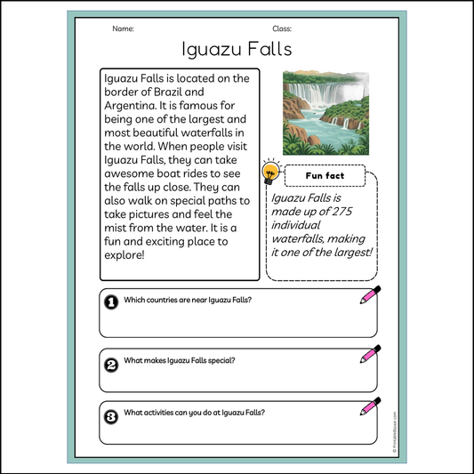 Iguazu Falls | Reading Passage Comprehension Questions Writing Facts Worksheet