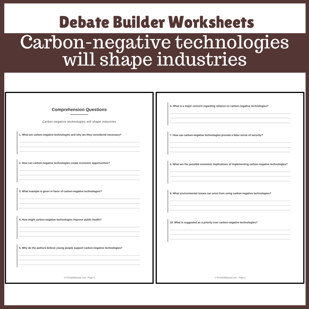 Carbon-negative technologies will shape industries | Favour and Against Worksheet Printable Activity