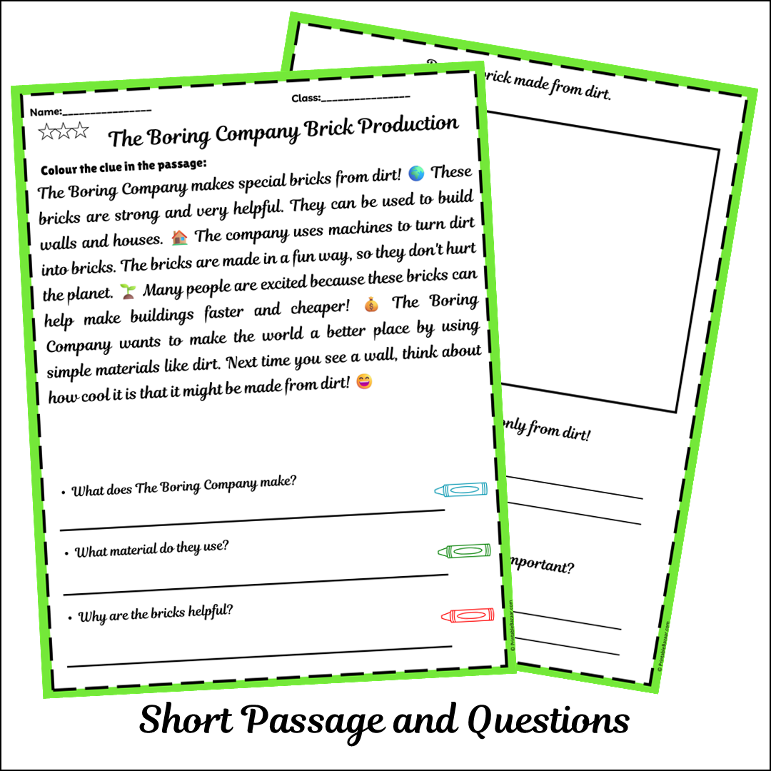 The Boring Company Brick Production | Short Reading Comprehension Creative Worksheet