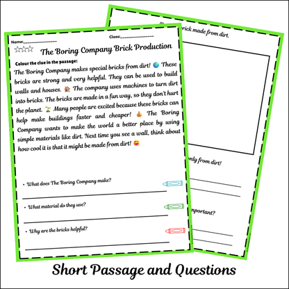 The Boring Company Brick Production | Short Reading Comprehension Creative Worksheet