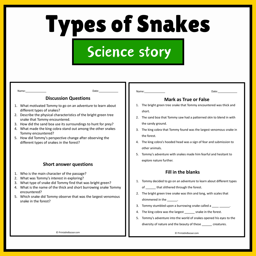 Types of Snakes | Science Story Reading Comprehension Activity