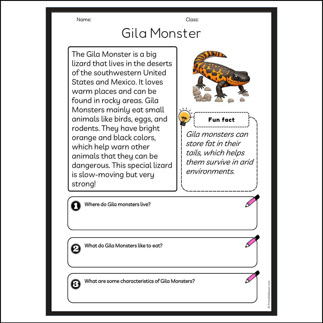Gila Monster | Reading Passage Comprehension Questions Writing Facts Worksheet