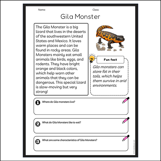 Gila Monster | Reading Passage Comprehension Questions Writing Facts Worksheet