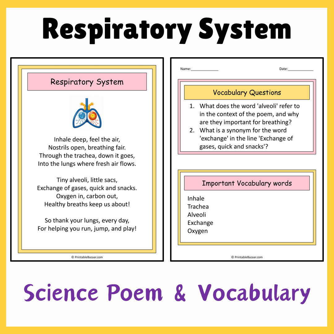 Respiratory System | Science Poem Reading Comprehension Activity