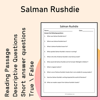 Salman Rushdie | Reading Comprehension Passage Printable Activity