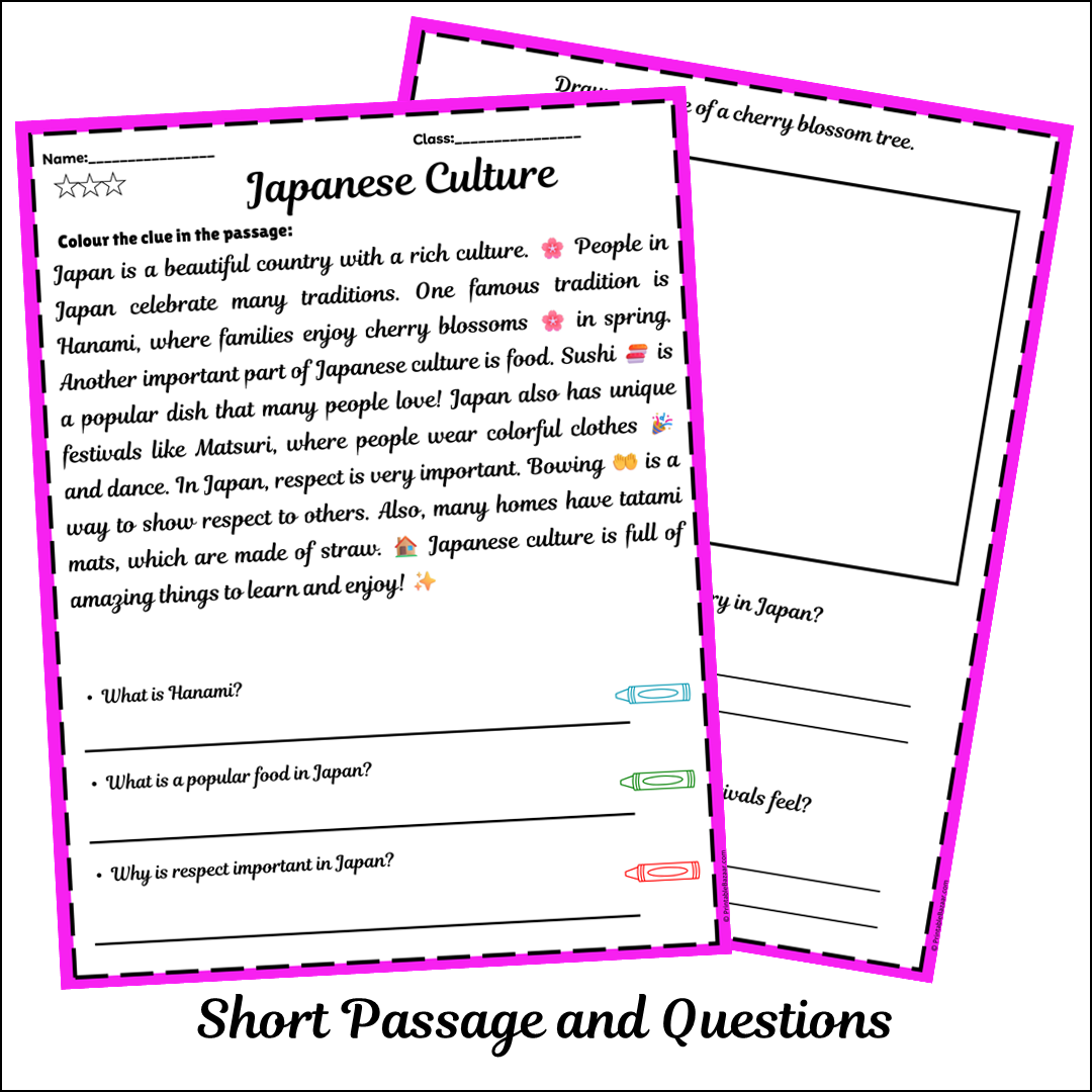 Japanese Culture | Short Reading Comprehension Creative Worksheet