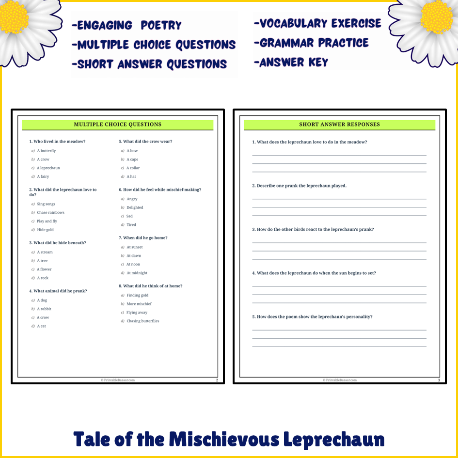 Tale of the Mischievous Leprechaun | Poem Grammar Worksheet Printable Activity