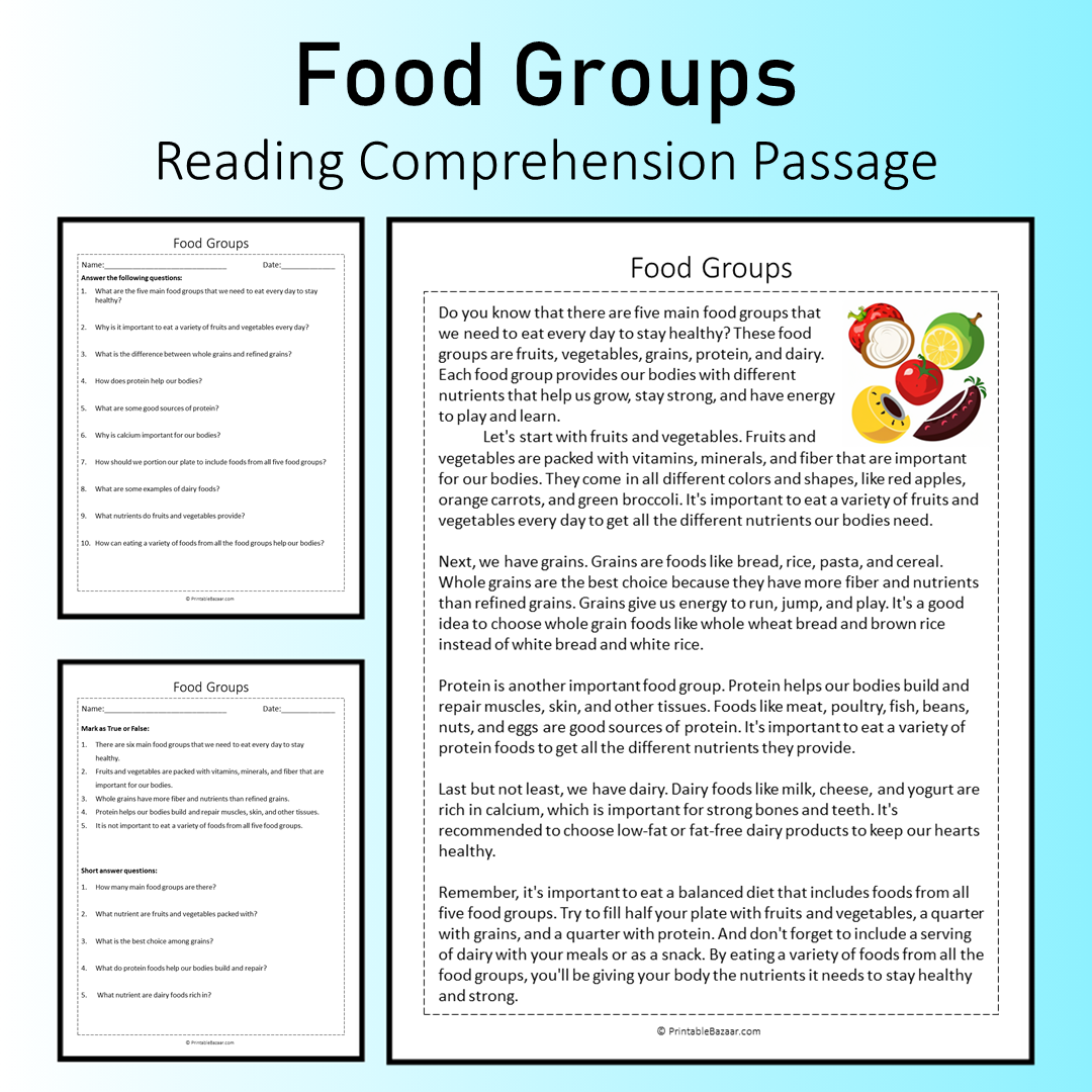 Food Groups | Reading Comprehension Passage Printable Worksheet