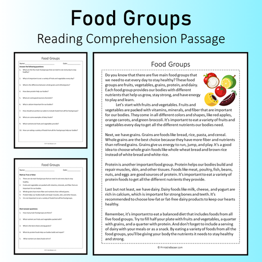 Food Groups | Reading Comprehension Passage Printable Worksheet