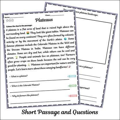 Plateaus | Short Reading Comprehension Creative Worksheet