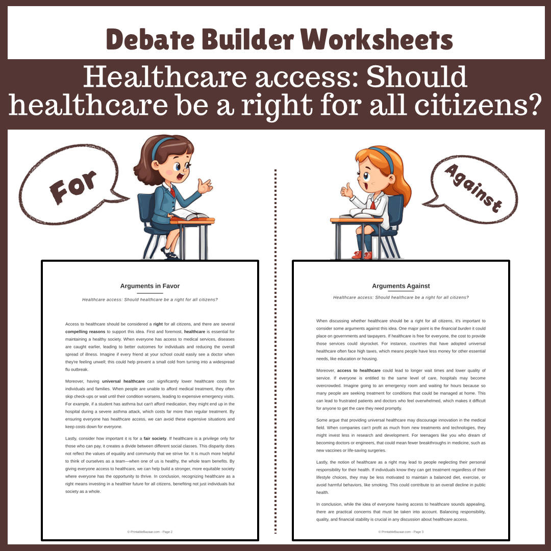 Healthcare access: Should healthcare be a right for all citizens? | Favour and Against Worksheet Printable Activity