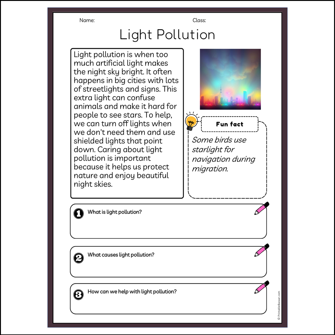 Light Pollution | Reading Passage Comprehension Questions Writing Facts Worksheet