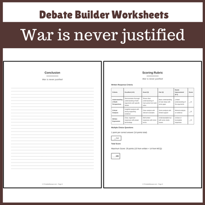 War is never justified | Favour and Against Worksheet Printable Activity