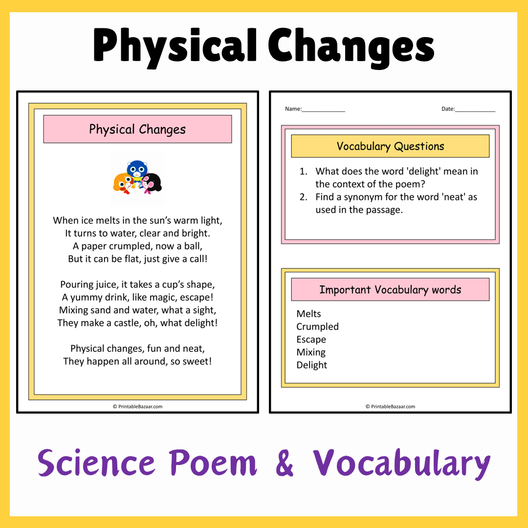 Physical Changes | Science Poem Reading Comprehension Activity