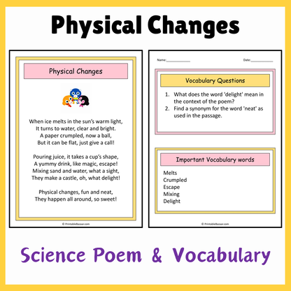 Physical Changes | Science Poem Reading Comprehension Activity