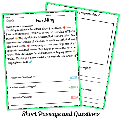 Yao Ming | Short Reading Comprehension Creative Worksheet