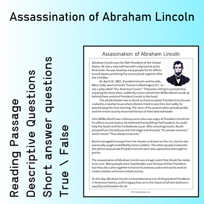 Assassination of Abraham Lincoln | Reading Comprehension Passage Printable Worksheet