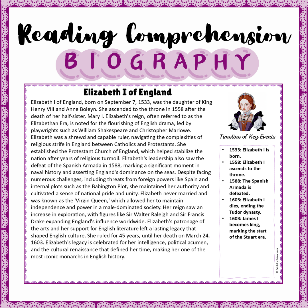 Elizabeth I of England | Biography Reading Comprehension and Questions Worksheet