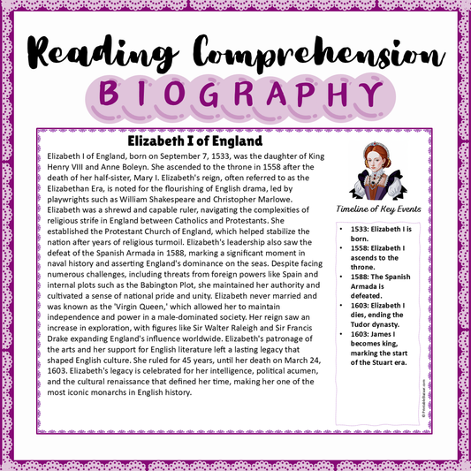 Elizabeth I of England | Biography Reading Comprehension and Questions Worksheet