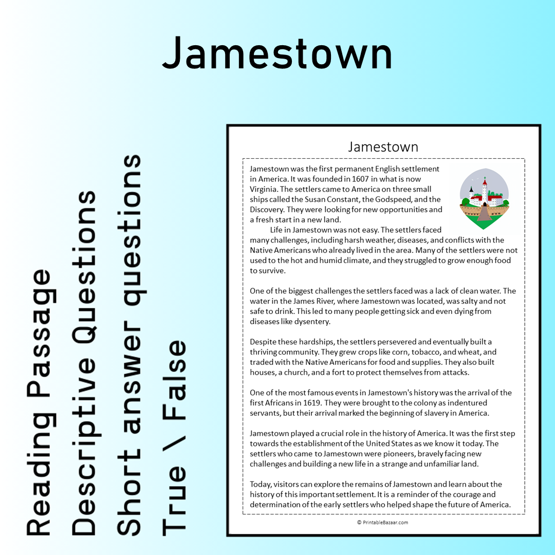 Jamestown | Reading Comprehension Passage Printable Worksheet
