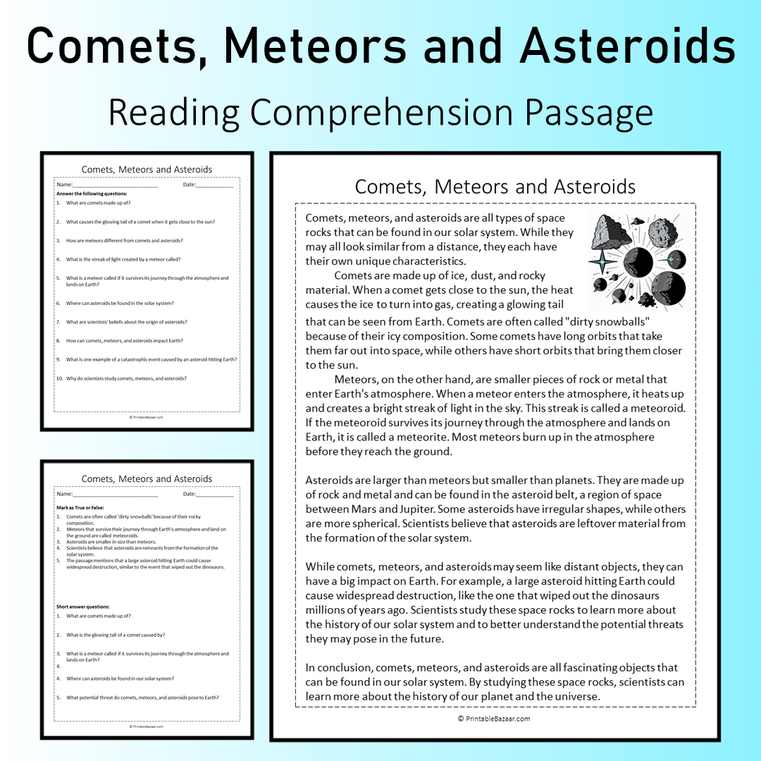 Comets, Meteors and Asteroids | Reading Comprehension Passage Printable Worksheet