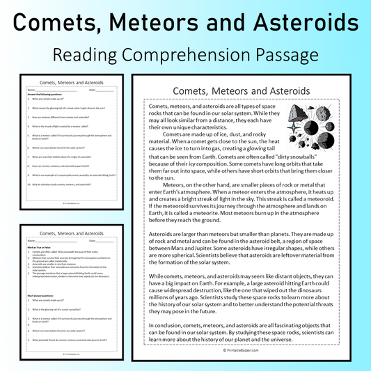 Comets, Meteors and Asteroids | Reading Comprehension Passage Printable Worksheet