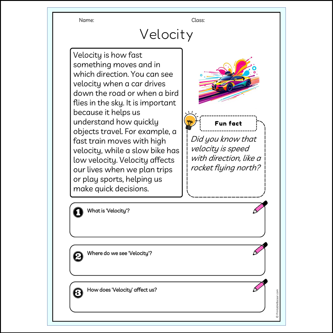 Velocity | Reading Passage Comprehension Questions Writing Facts Worksheet