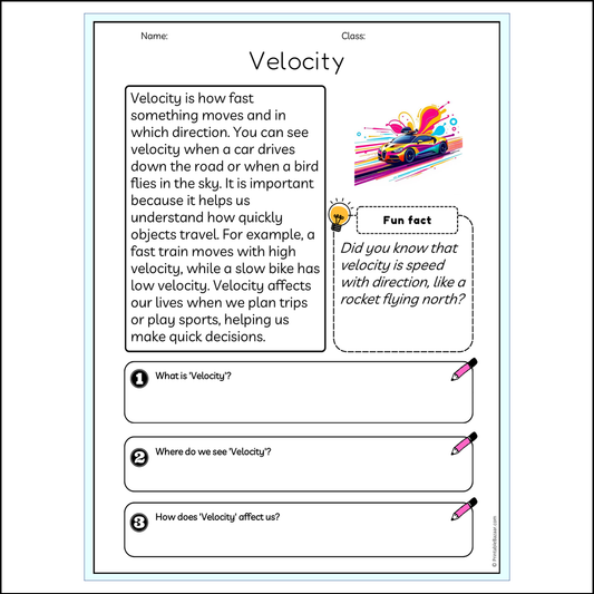 Velocity | Reading Passage Comprehension Questions Writing Facts Worksheet