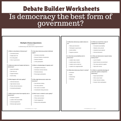 Is democracy the best form of government? | Favour and Against Worksheet Printable Activity