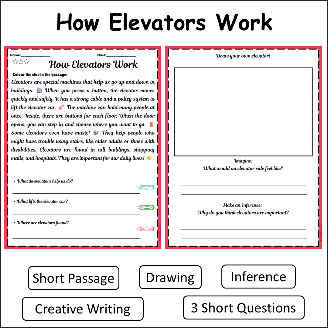 How Elevators Work | Short Reading Comprehension Creative Worksheet