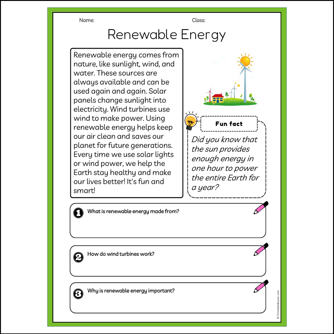 Renewable Energy | Reading Passage Comprehension Questions Writing Facts Worksheet