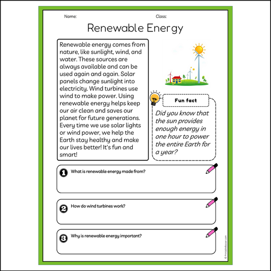 Renewable Energy | Reading Passage Comprehension Questions Writing Facts Worksheet