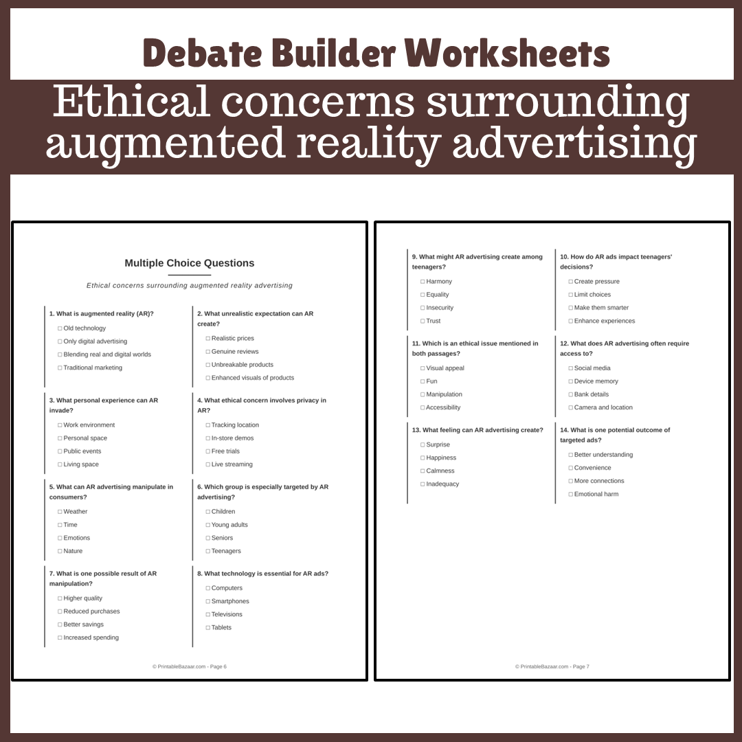 Ethical concerns surrounding augmented reality advertising | Favour and Against Worksheet Printable Activity