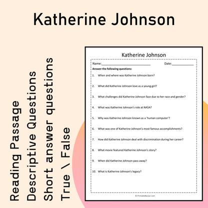 Katherine Johnson | Reading Comprehension Passage Printable Activity