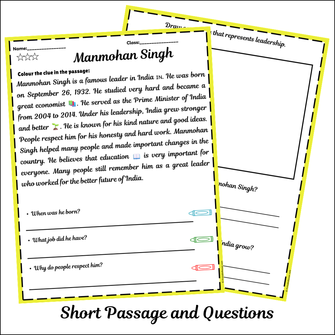 Manmohan Singh | Short Reading Comprehension Creative Worksheet