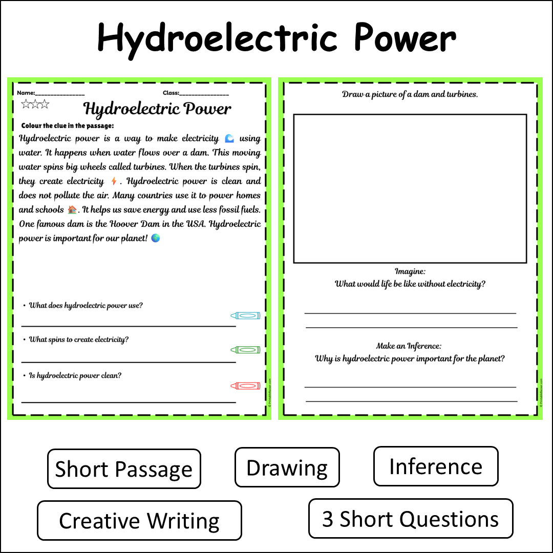 Hydroelectric Power | Short Reading Comprehension Creative Worksheet