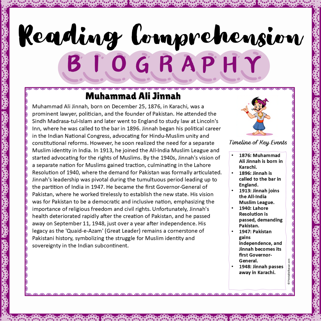 Muhammad Ali Jinnah | Biography Reading Comprehension and Questions Worksheet