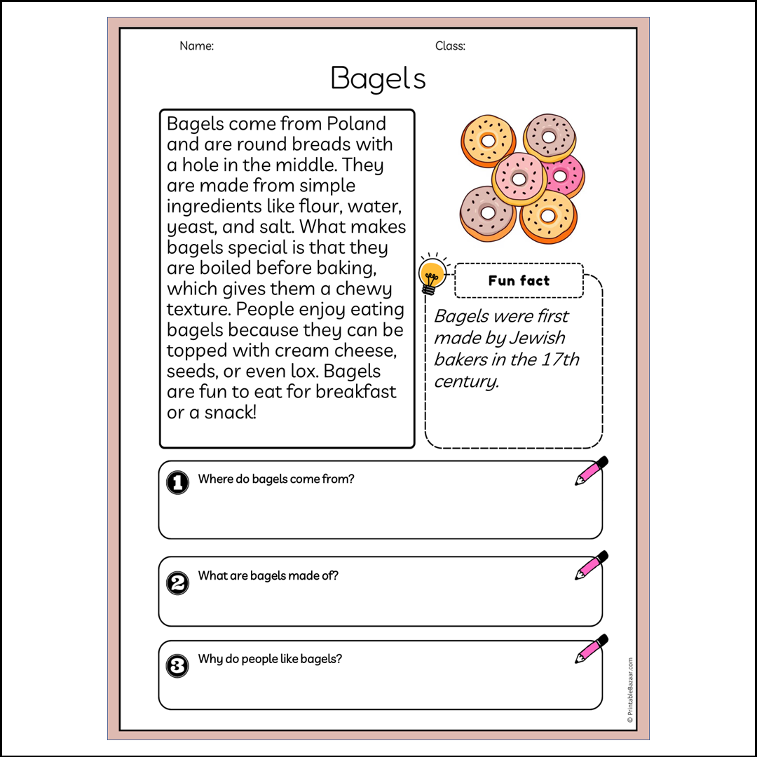 Bagels | Reading Passage Comprehension Questions Writing Facts Worksheet